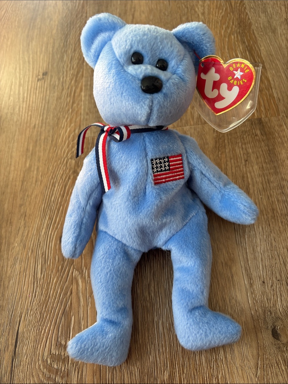 Ty Light Blue Beanie Baby Bear with Patriotic Ribbon